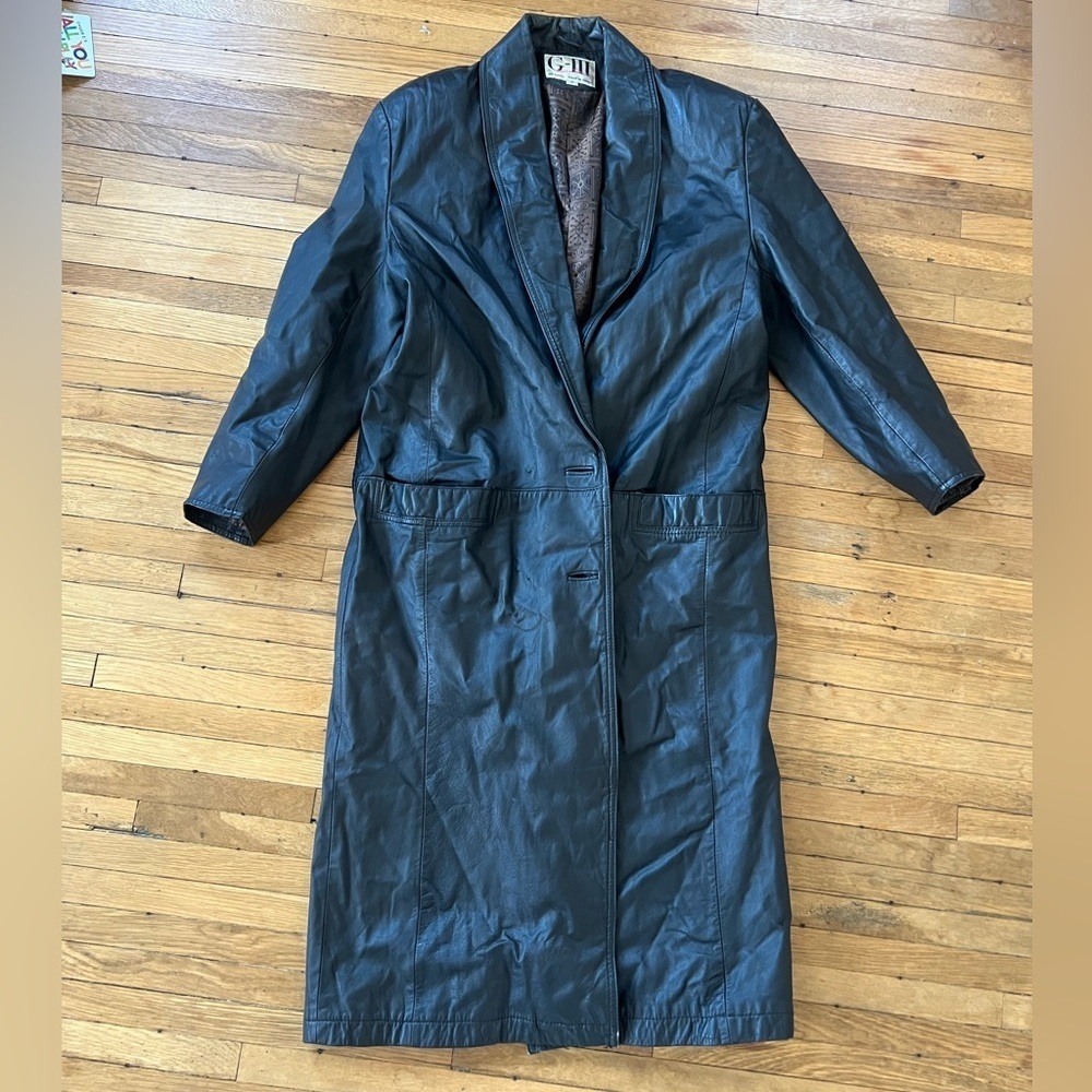 Vintage Black Leather Trench Coat | Small